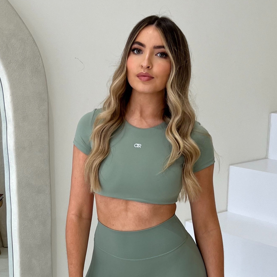Baby Cropped Padded Sports T-Shirt. Sage.