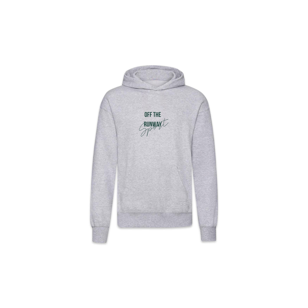 OTR Sport Hoodie. Heather grey with bottle green logo.