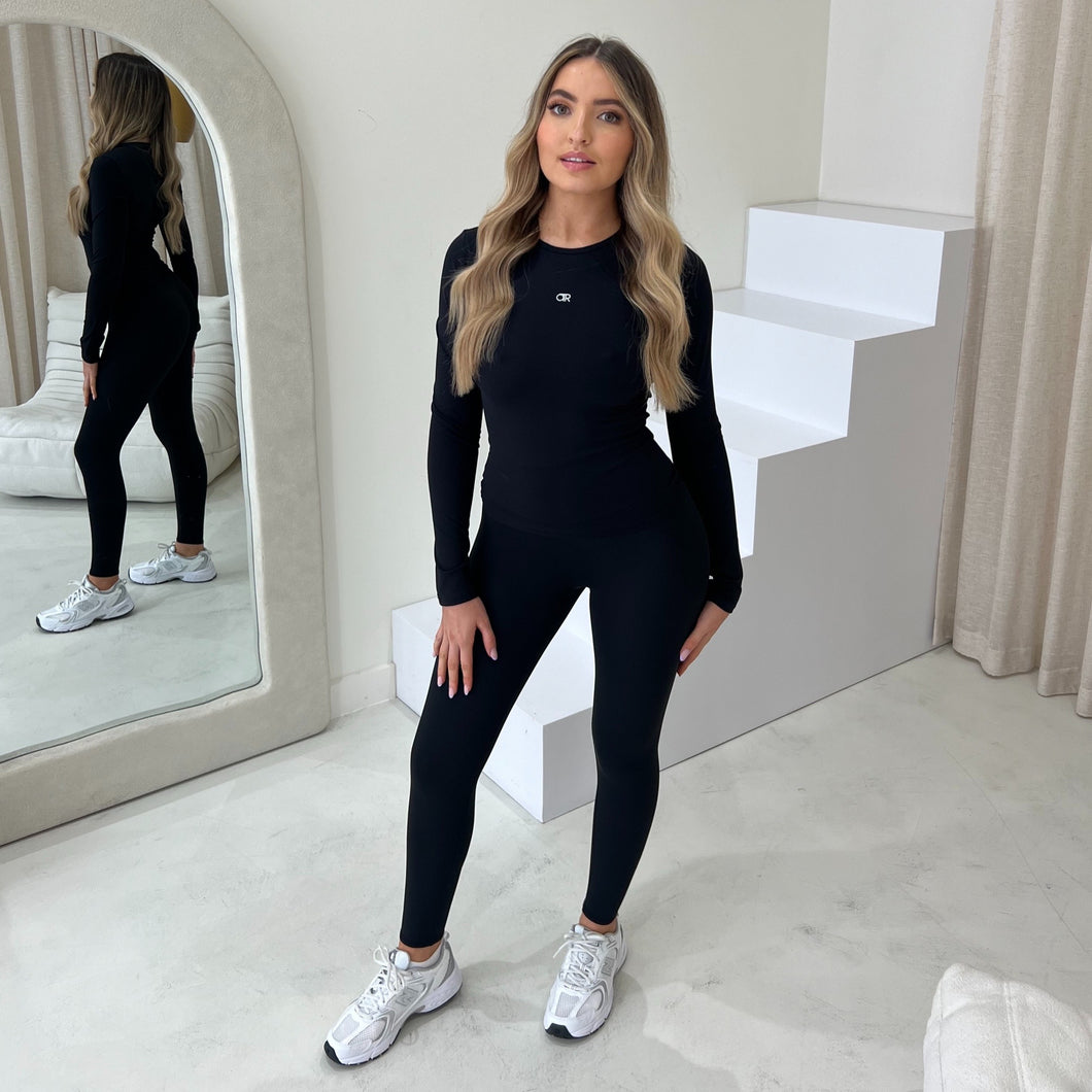 Sculptured Long Sleeve Top. Black.